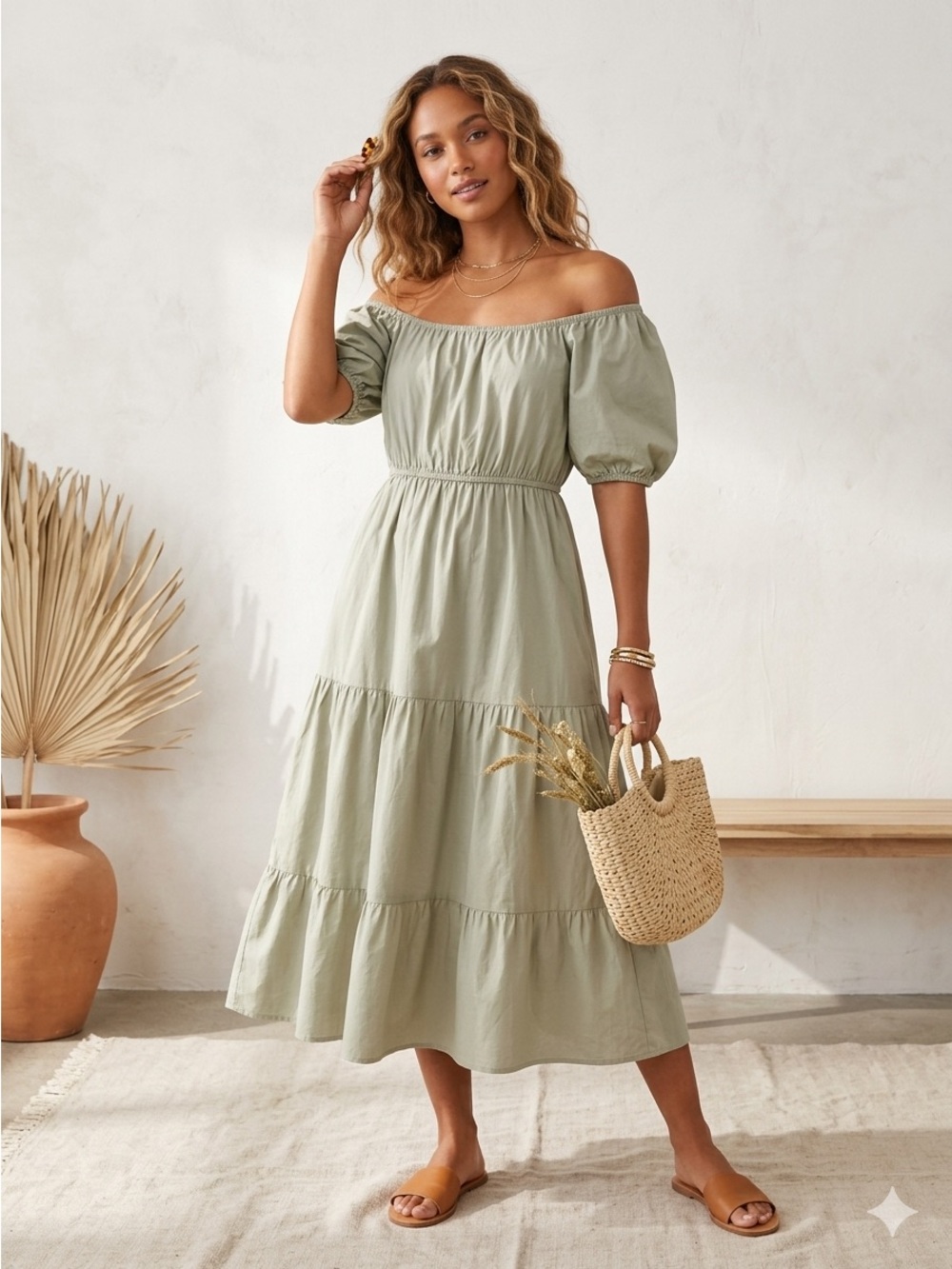 Sim & Sam Sage Green Boho Tiered Midi Dress Puff Sleeve Off-Shoulder Cottagecor